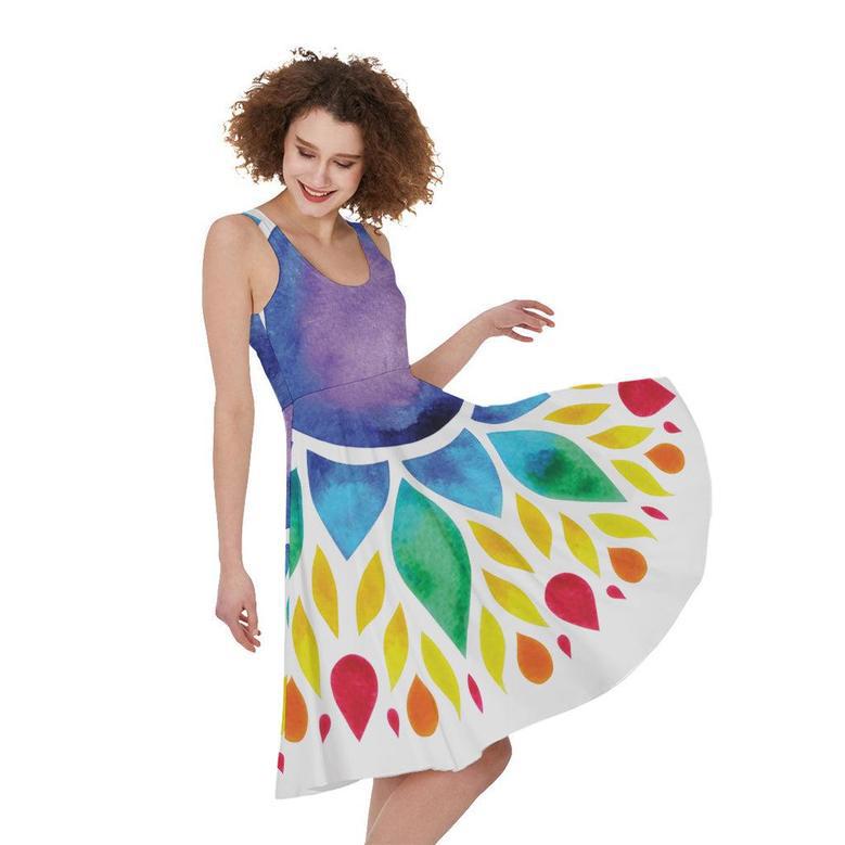 Reiki Chakra Flower Print Sleeveless Knee Length Dress