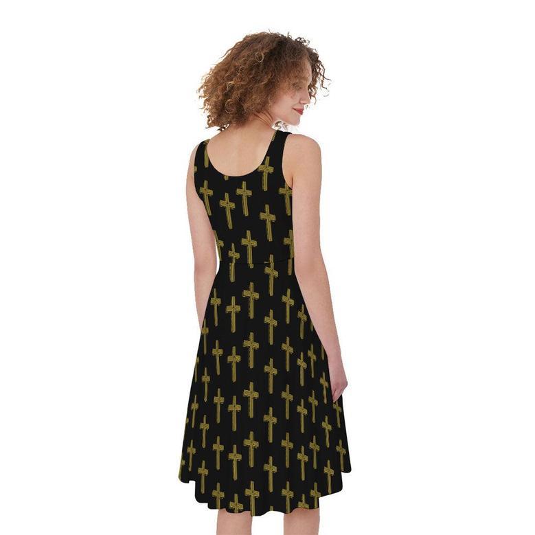 Religious Cross Pattern Print Sleeveless Knee Length Dress