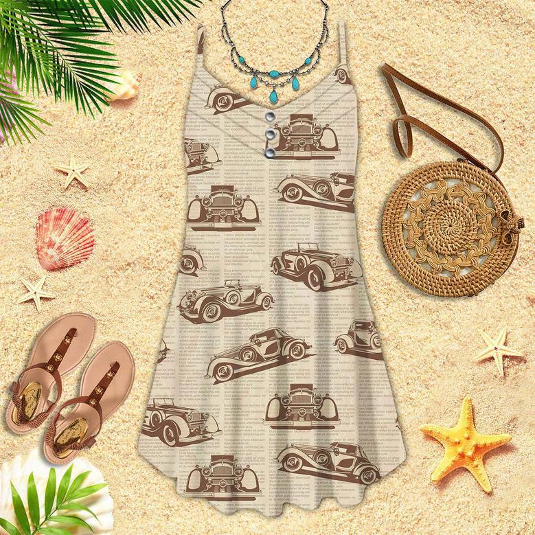 Retro Car Old Newspaper Spaghetti Strap Summer Dress