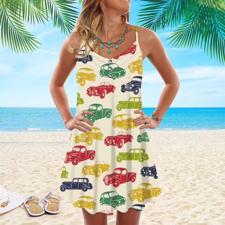 Retro Car Spaghetti Strap Summer Dress