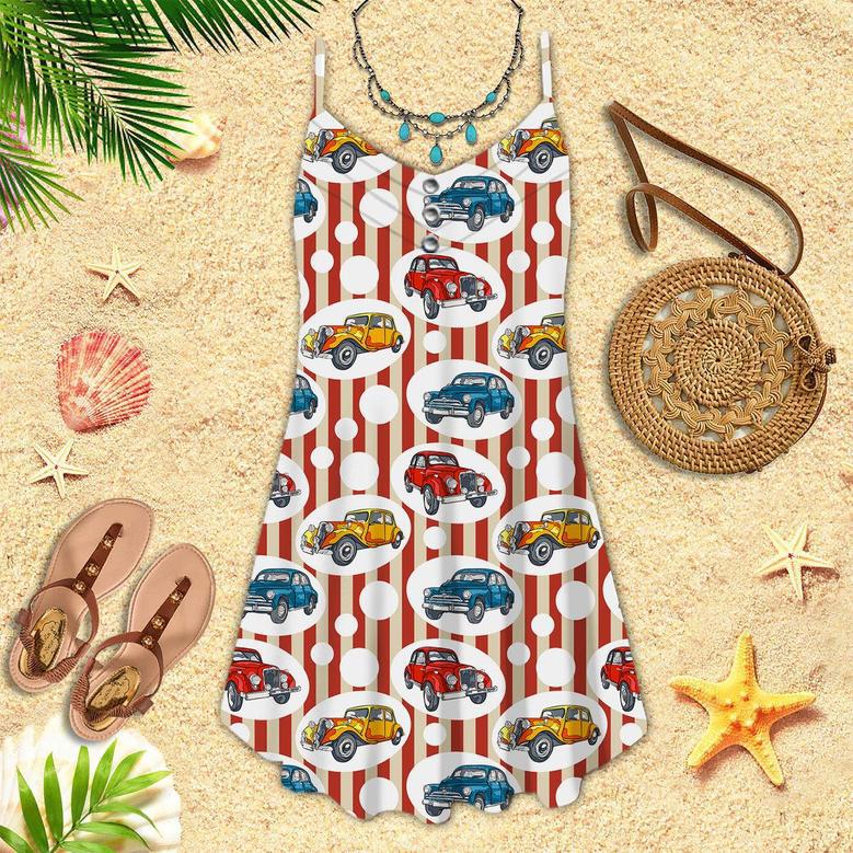 Retro Car Vintage Striped Pattern Spaghetti Strap Summer Dress