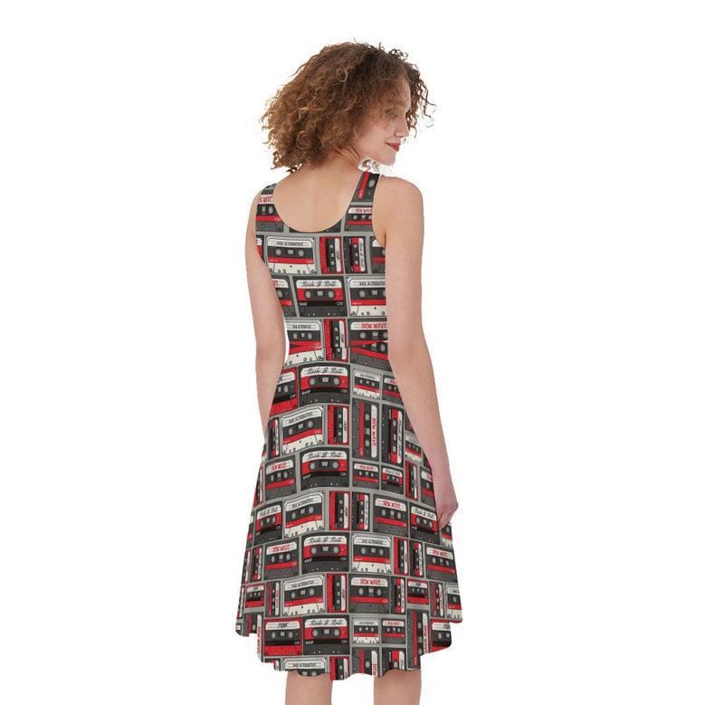 Retro Cassette Tape Pattern Print Sleeveless Knee Length Dress