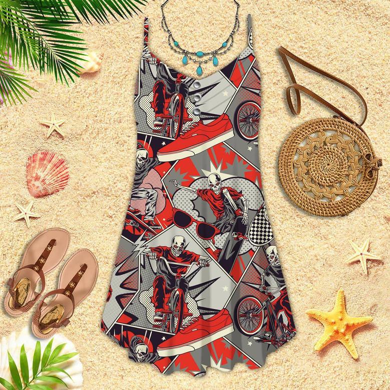 Retro Comic Skull Riding Bike Spaghetti Strap Summer Dress