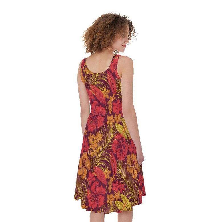 Retro Hawaiian Tropical Floral Print Sleeveless Knee Length Dress