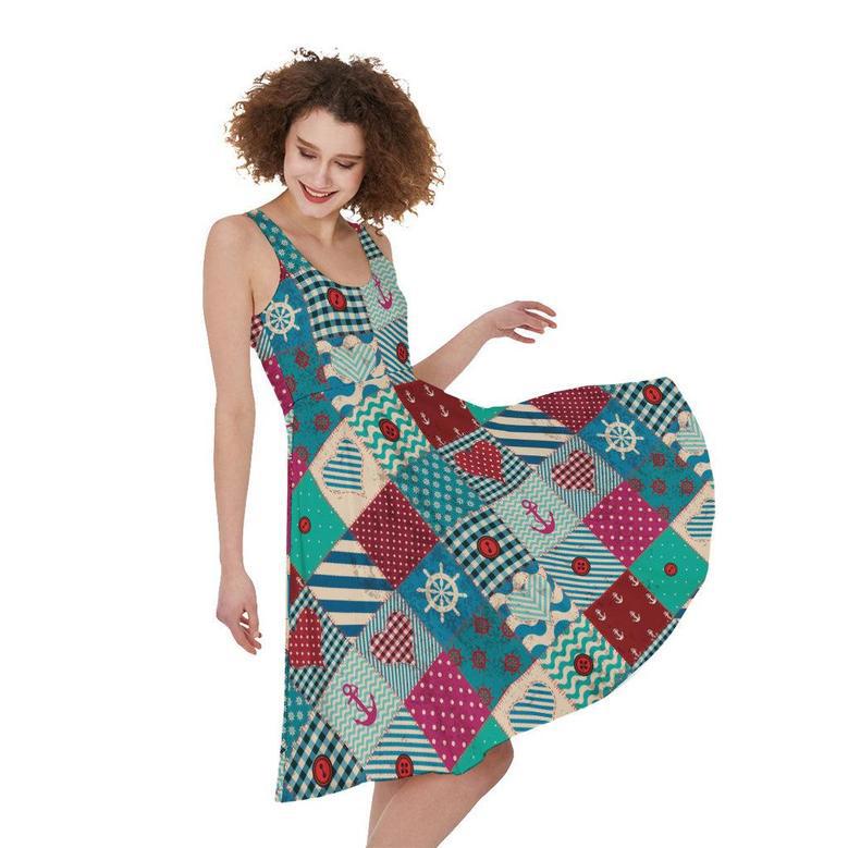 Retro Nautical Patchwork Pattern Print Sleeveless Knee Length Dress