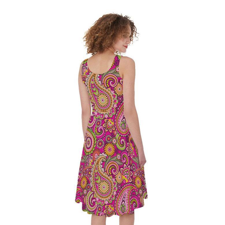 Retro Paisley Pattern Print Sleeveless Knee Length Dress