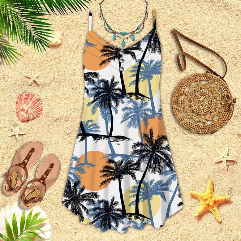 Retro Sunset Palm Trees Tropical Spaghetti Strap Summer Dress