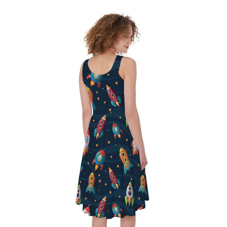 Rockets And Stars Pattern Print Sleeveless Knee Length Dress