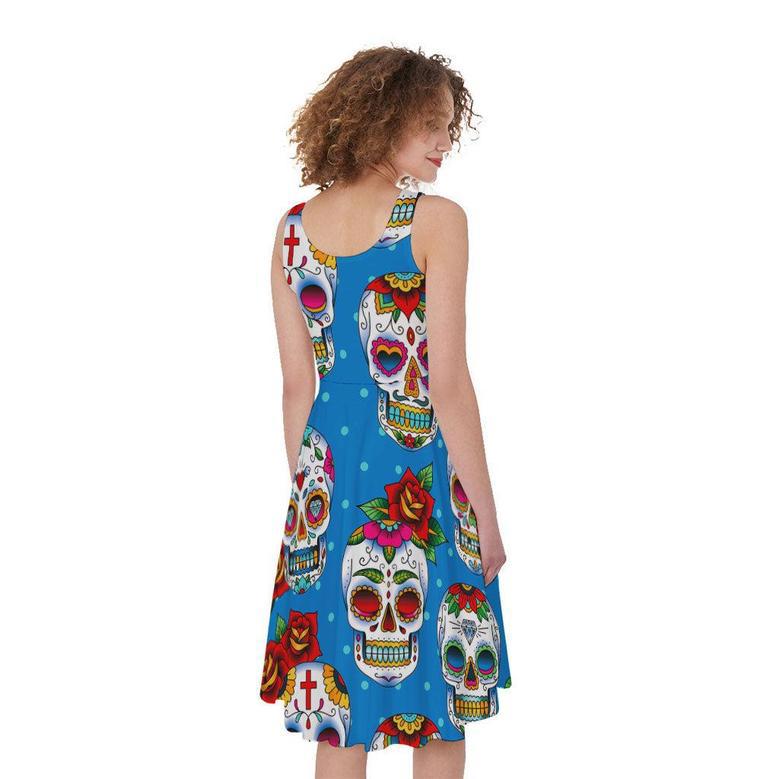 Rose Sugar Skull Pattern Print Sleeveless Knee Length Dress