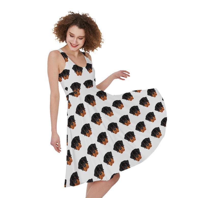 Rottweiler Face Pattern Print Sleeveless Knee Length Dress