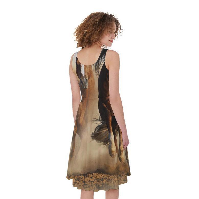 Running Wild Horses Print Sleeveless Knee Length Dress