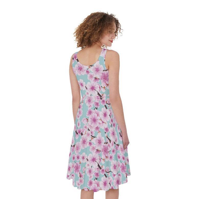 Sakura Cherry Blossom Pattern Print Sleeveless Knee Length Dress