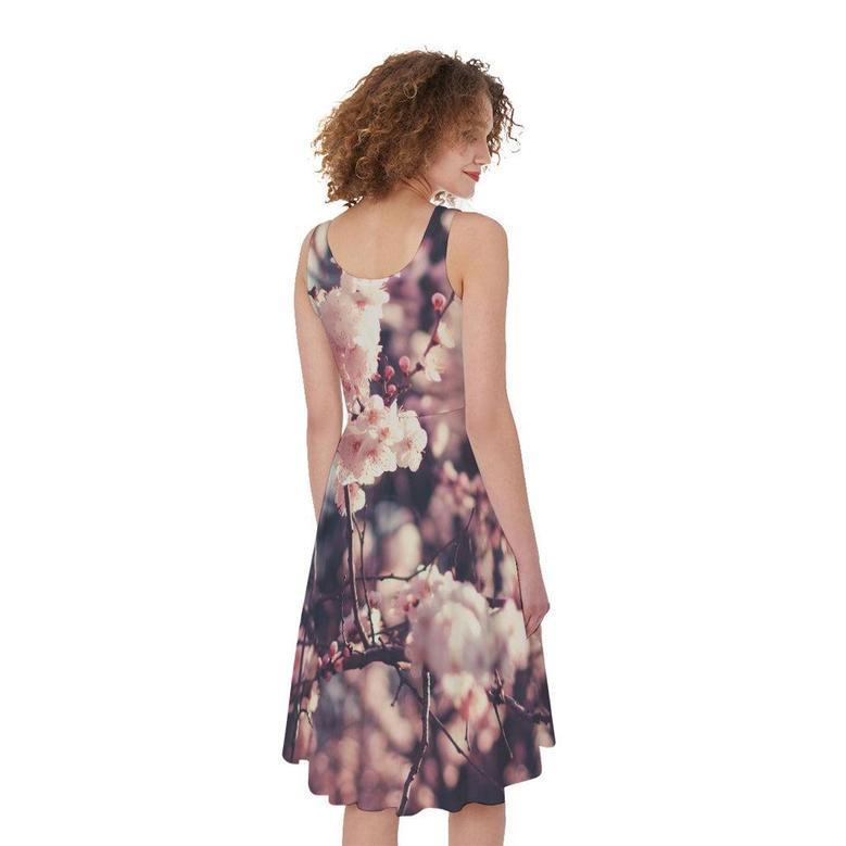 Sakura Cherry Blossom Print Sleeveless Knee Length Dress