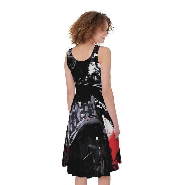 Samurai And Crow Print Sleeveless Knee Length Dress