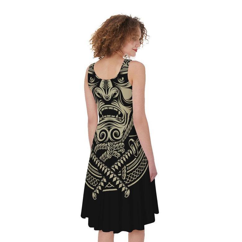 Samurai Warrior Mask Print Sleeveless Knee Length Dress