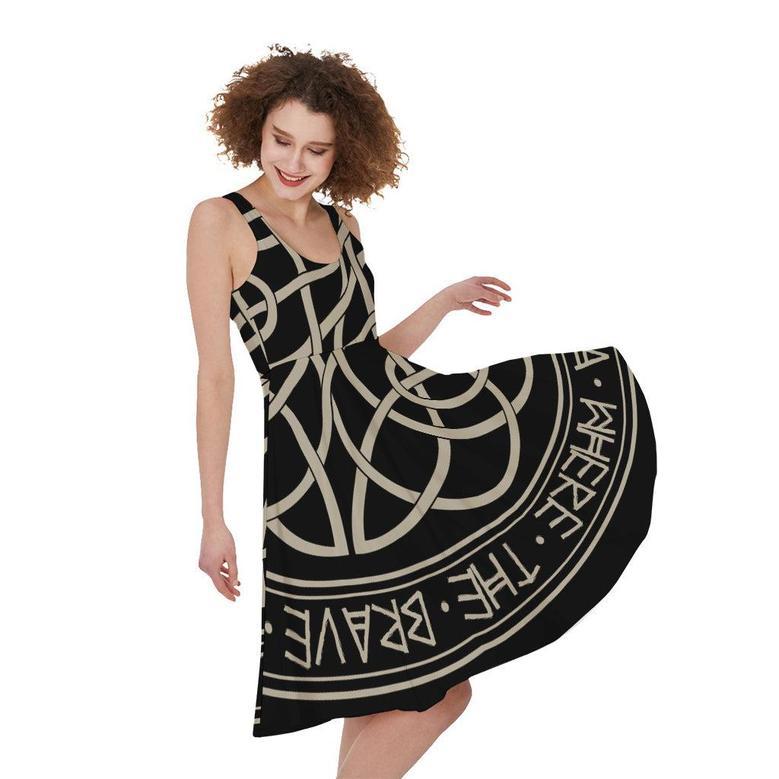 Scandinavian Viking Symbol Print Sleeveless Knee Length Dress