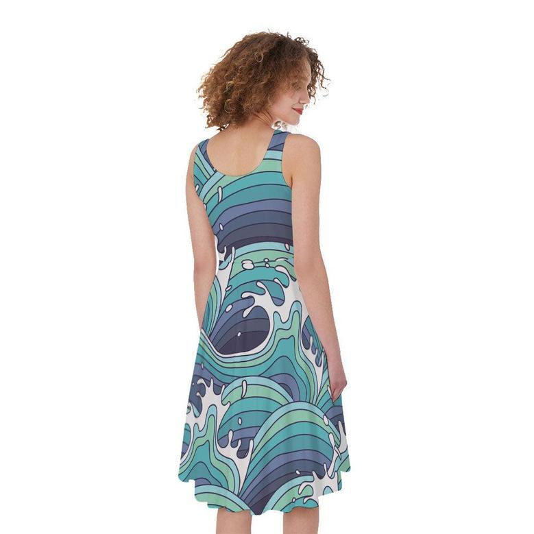 Sea Wave Surfing Pattern Print Sleeveless Knee Length Dress