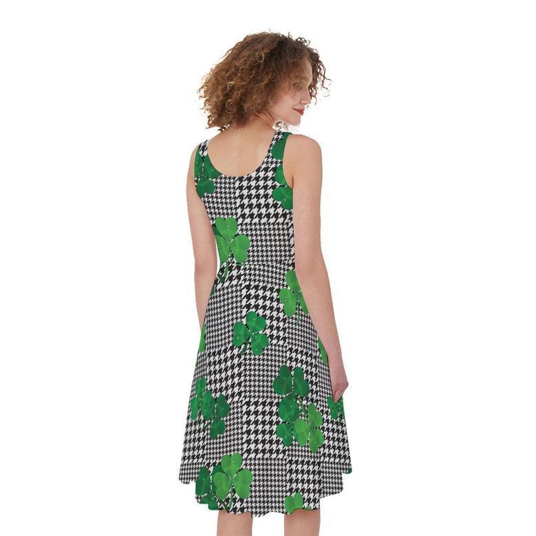 Shamrocks Houndstooth Pattern Print Sleeveless Knee Length Dress