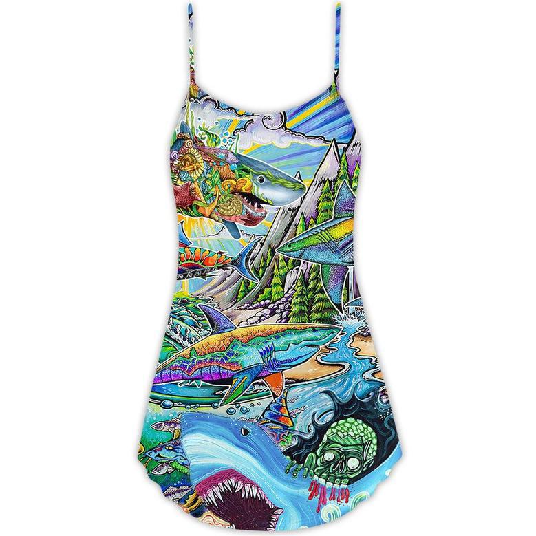 Shark Hippie Colorful Art Peace - V-Neck Sleeveless Cami Dress