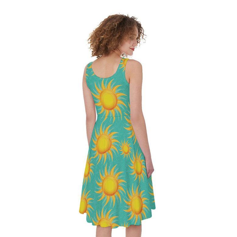 Shiny Sun Pattern Print Sleeveless Knee Length Dress