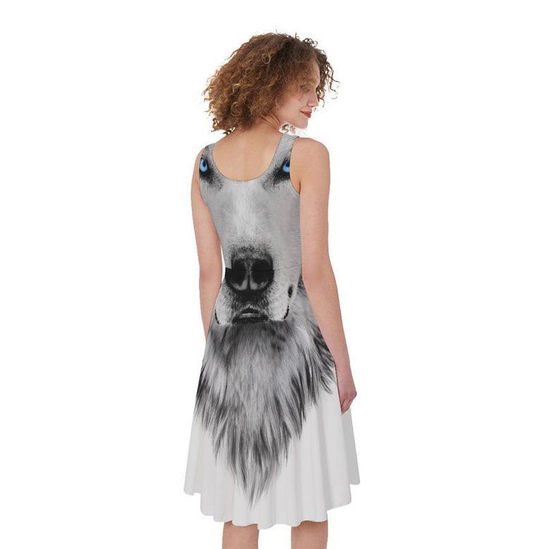 Siberian Husky Portrait Print Sleeveless Knee Length Dress