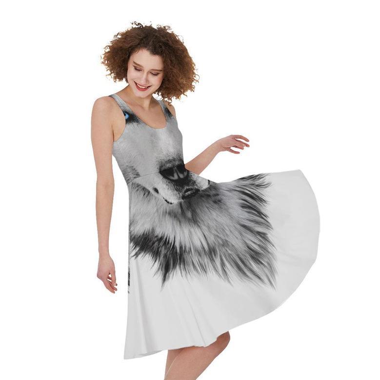 Siberian Husky Portrait Print Sleeveless Knee Length Dress