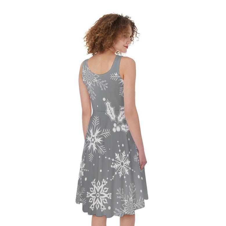 Silver And White Snowflake Pattern Print Sleeveless Knee Length Dress