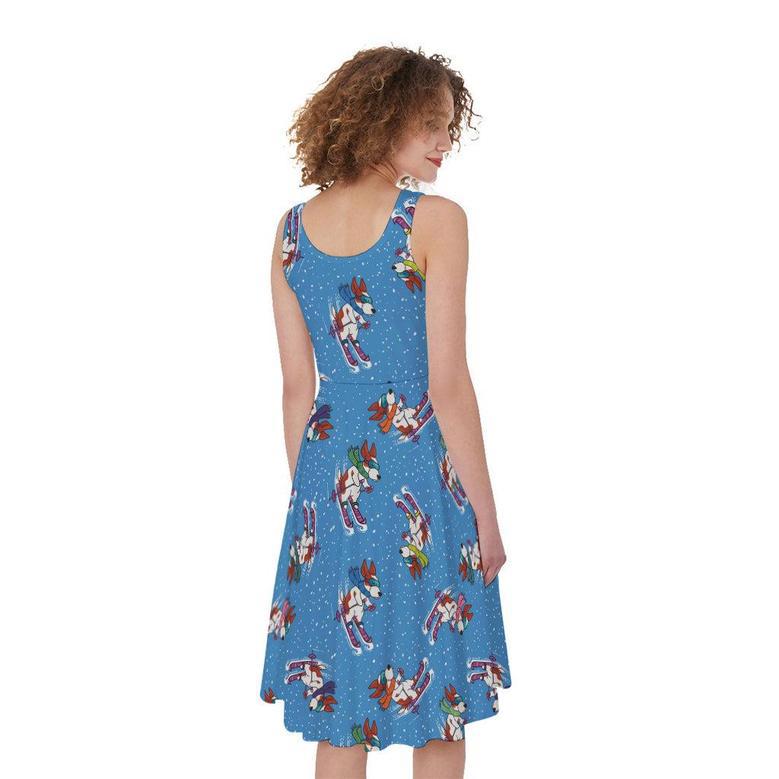 Skiing Dog Pattern Print Sleeveless Knee Length Dress