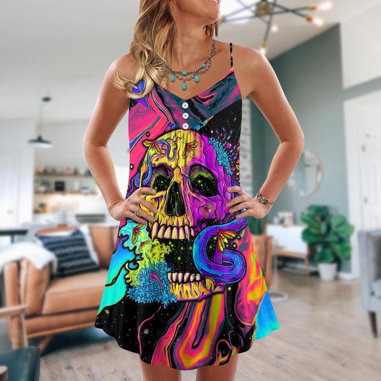 Skull And Moth Night Butterfly Neon Style - V-Neck Sleeveless Cami Dress