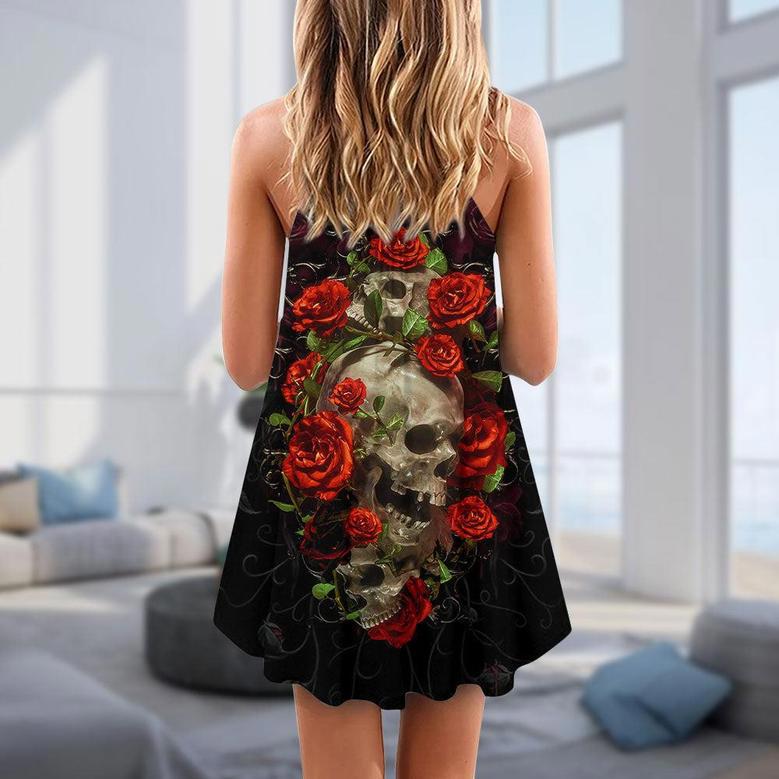 Skull And Roses Art - V-Neck Sleeveless Cami Dress