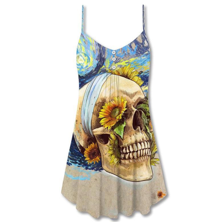 Skull And Sunflower Vintage Amazing Starry Night - V-Neck Sleeveless Cami Dress