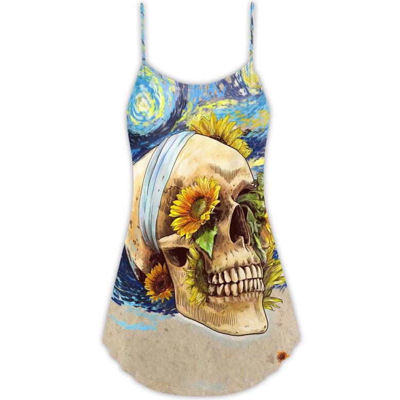 Skull And Sunflower Vintage Amazing Starry Night - V-Neck Sleeveless Cami Dress