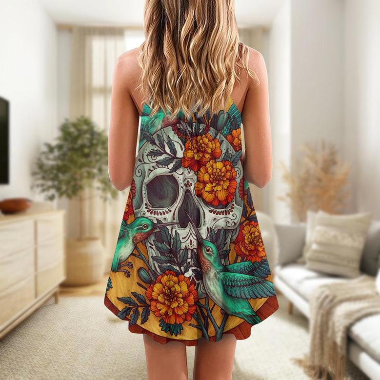 Skull Floral Skull Hummingbird - V-Neck Sleeveless Cami Dress