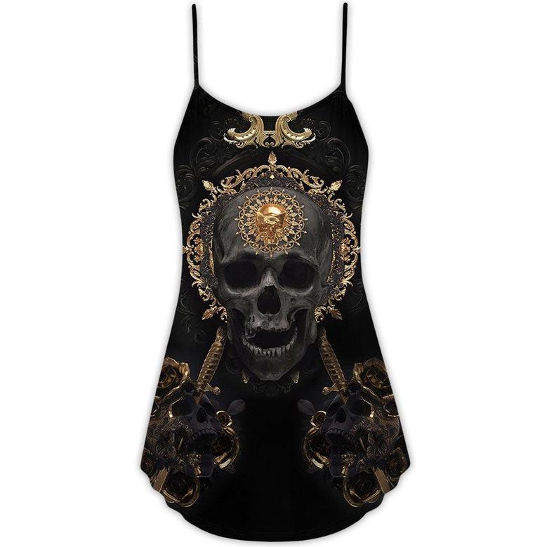 Skull Golden Skull True King Stay True Till Death - V-Neck Sleeveless Cami Dress