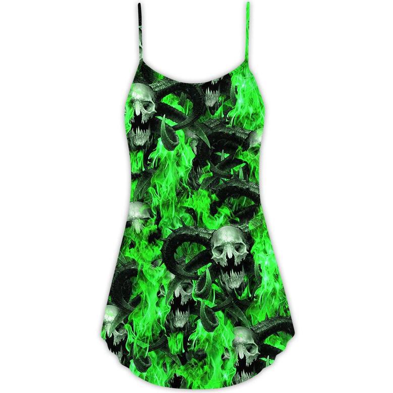 Skull Green Flame Burn - V-Neck Sleeveless Cami Dress