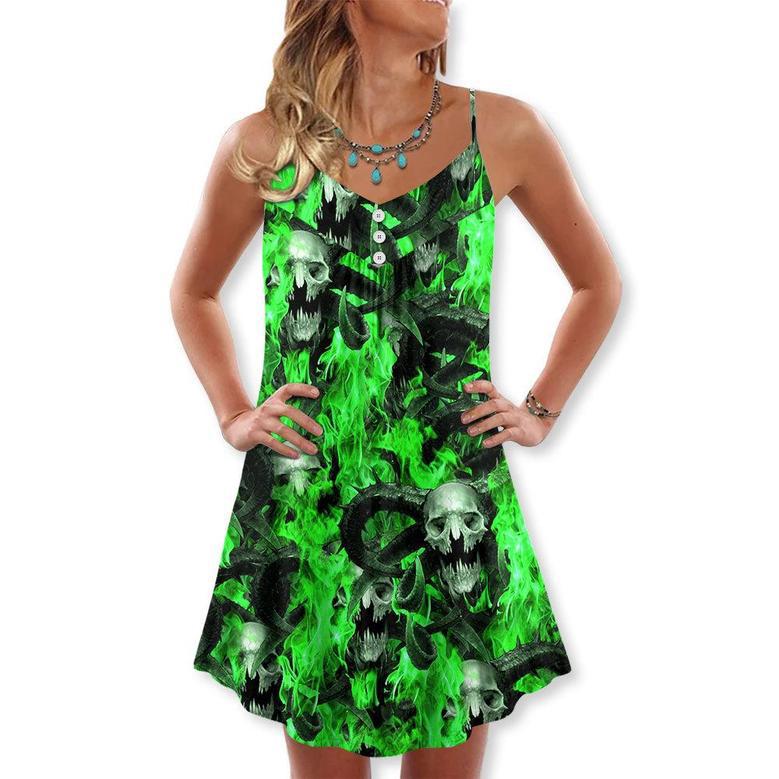 Skull Green Flame Burn - V-Neck Sleeveless Cami Dress