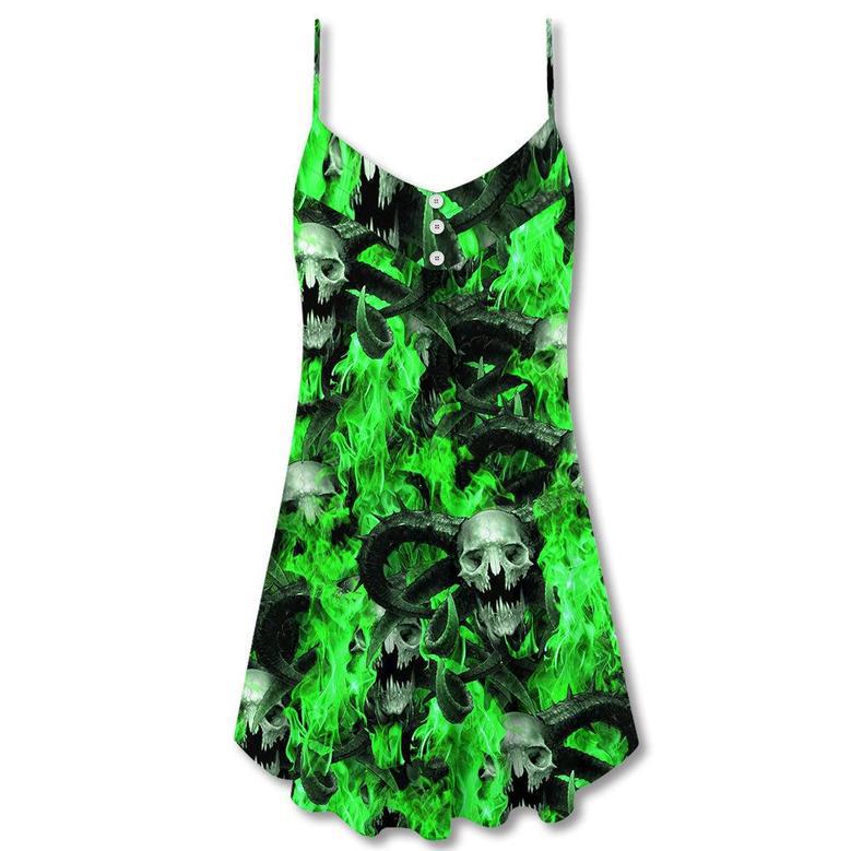 Skull Green Flame Burn - V-Neck Sleeveless Cami Dress