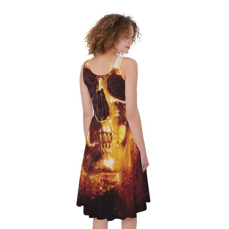 Skull In Flames Print Sleeveless Knee Length Dress