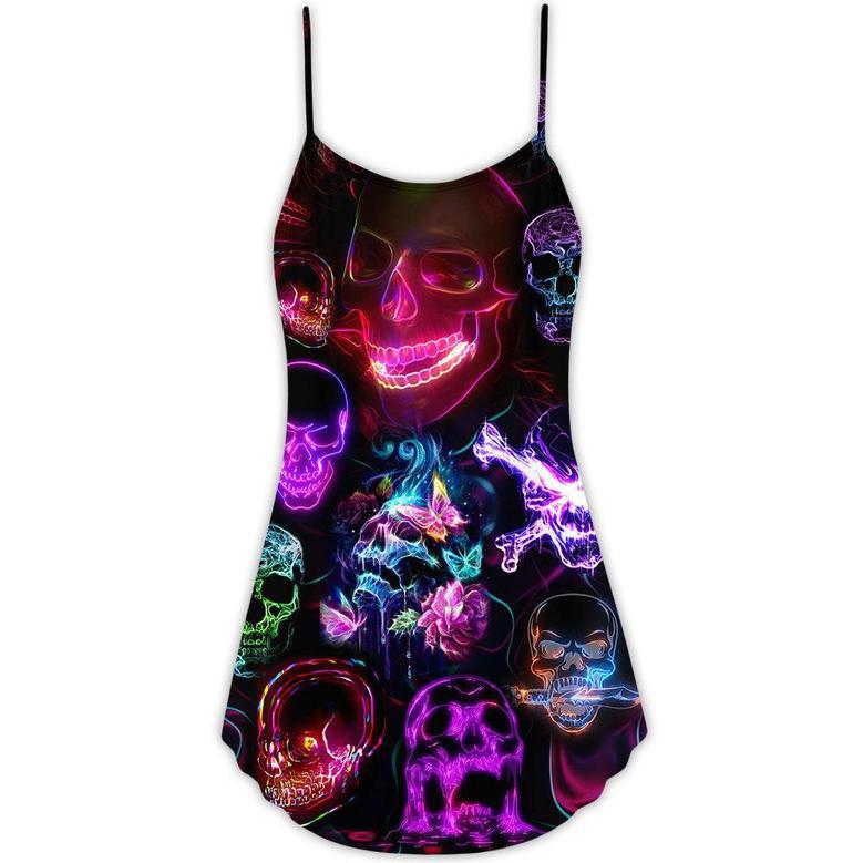 Skull Neon Art Happy Holiday - V-Neck Sleeveless Cami Dress