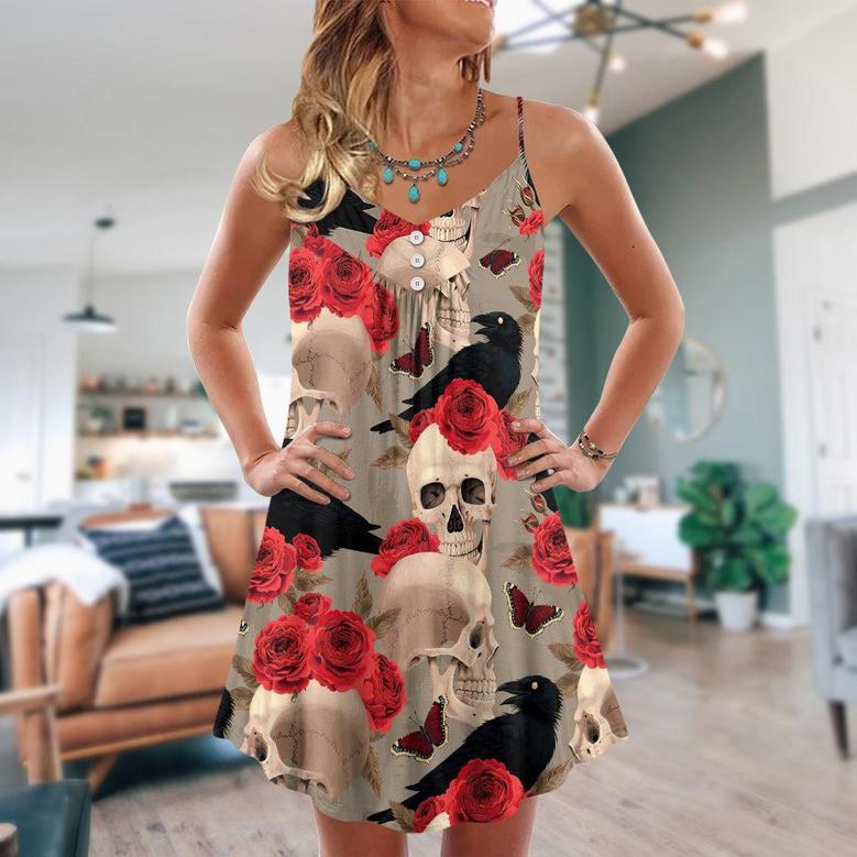 Skull With Rose Flower And Raven Gothic Style - V-Neck Sleeveless Cami Dress