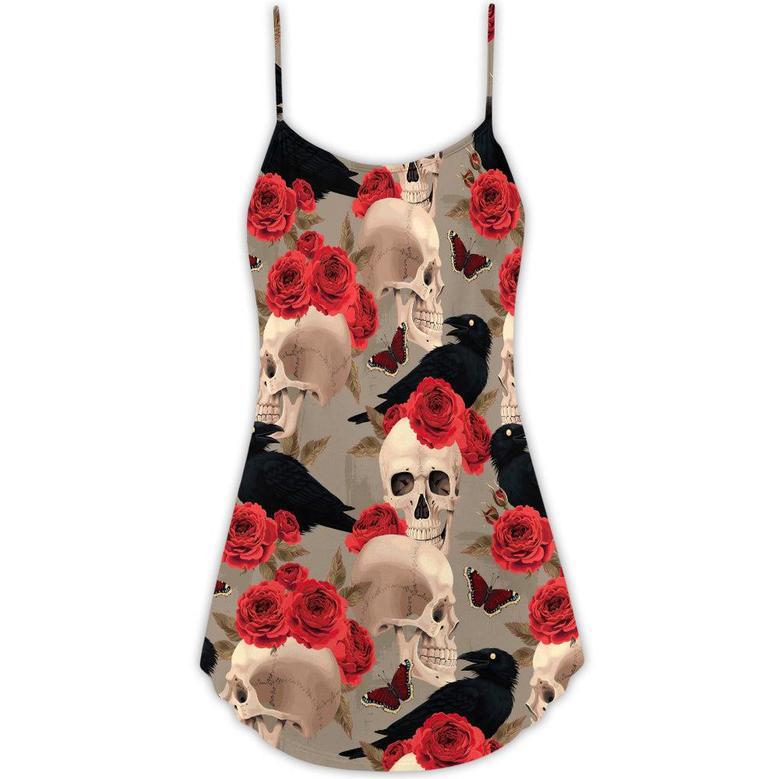 Skull With Rose Flower And Raven Gothic Style - V-Neck Sleeveless Cami Dress