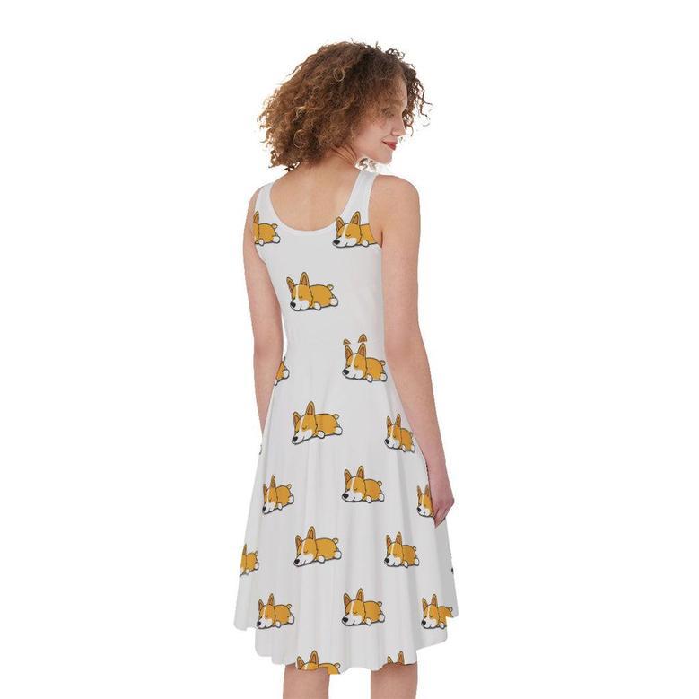 Sleeping Corgi Pattern Print Sleeveless Knee Length Dress