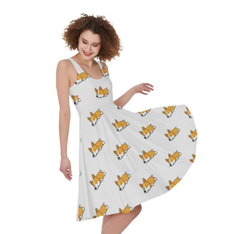 Sleeping Corgi Pattern Print Sleeveless Knee Length Dress