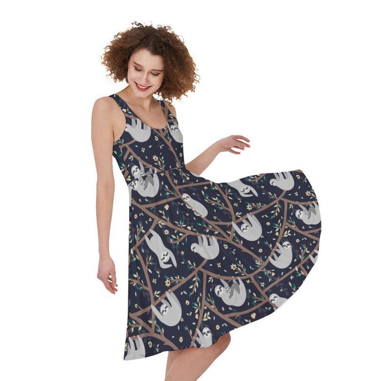 Sloth Family Pattern Print Sleeveless Knee Length Dress