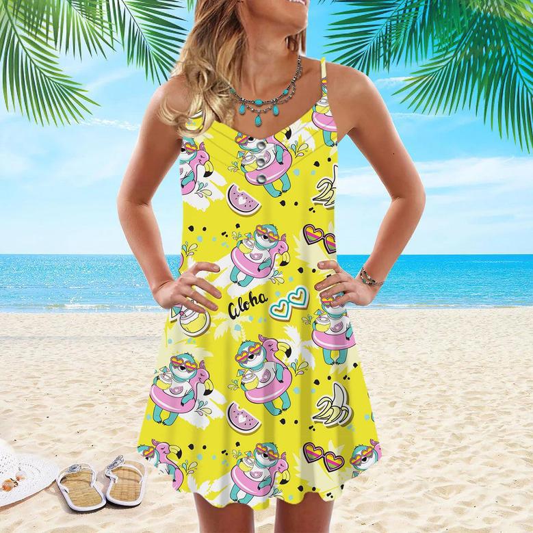 Sloth With Flamingo Circle On A Yellow Beach Spaghetti Strap Summer Dress