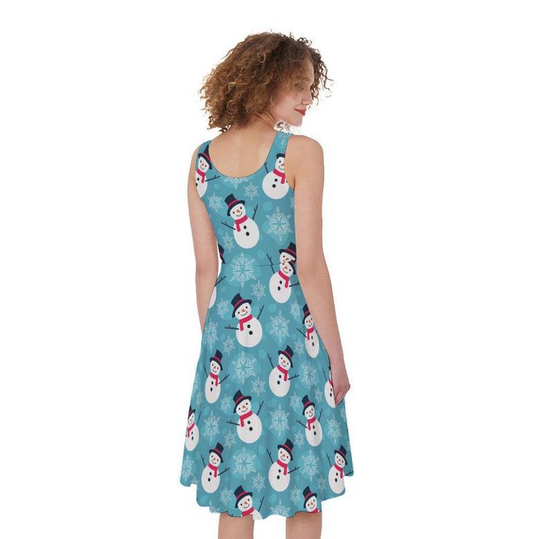 Snowman And Snowflake Pattern Print Sleeveless Knee Length Dress