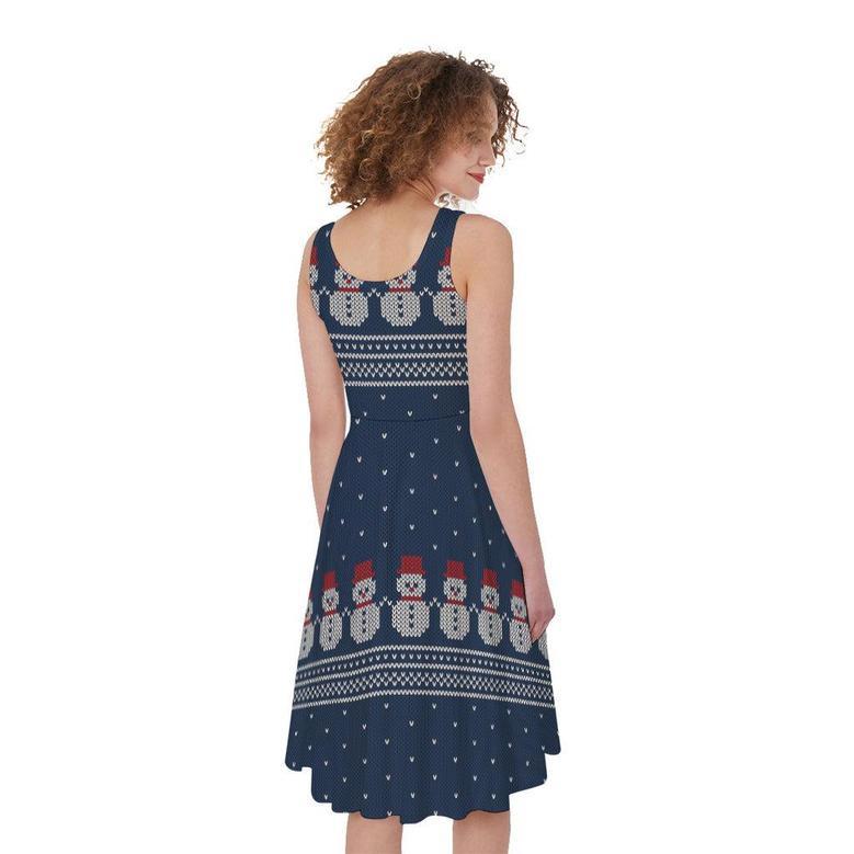 Snowman Knitted Pattern Print Sleeveless Knee Length Dress