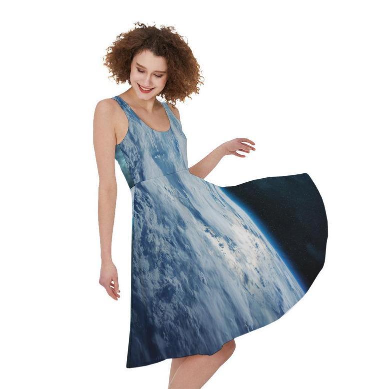 Space And Earth Print Sleeveless Knee Length Dress