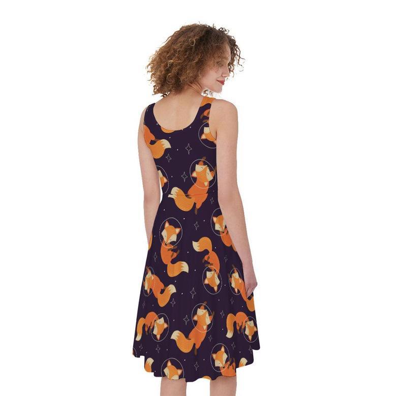 Space Fox Pattern Print Sleeveless Knee Length Dress