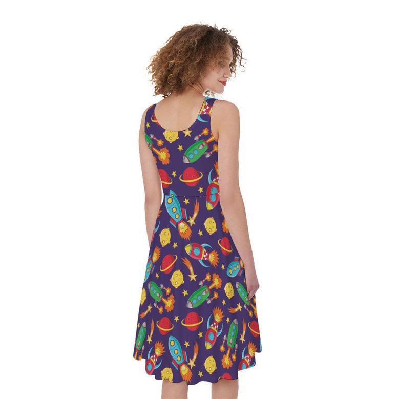 Space Rockets Pattern Print Sleeveless Knee Length Dress